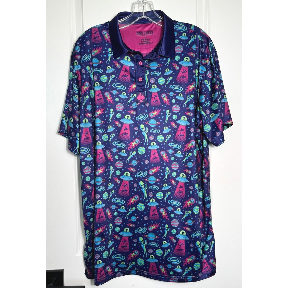 Pins & Aces Mens Golf Polo Shirt XL Alien Space Galaxy Print‎ Short Sleeve